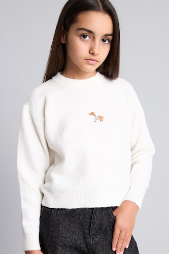Young Girls - Teen Girls Ecru Girl Regular Fit Embroidered Crew Neck Pullover