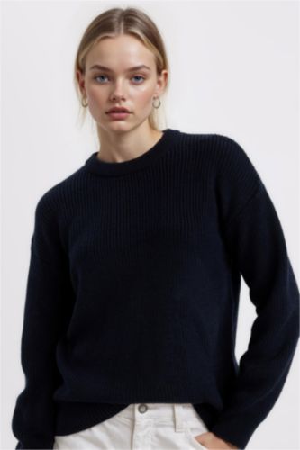 حريمي كحلي بلوفر تريكو حريمي قصة عادية برقبة مستديرة كحلي