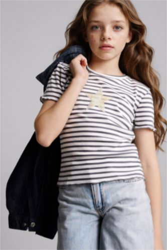 Girls & Teens Grey تيشيرت بناتي نص ردن مضلع قصة عادية وطبعة نجم