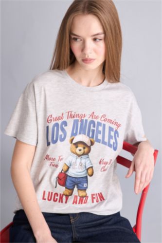 Kadın Açık Gri Teddy Bear Baskılı Kız Çocuk Tişört
