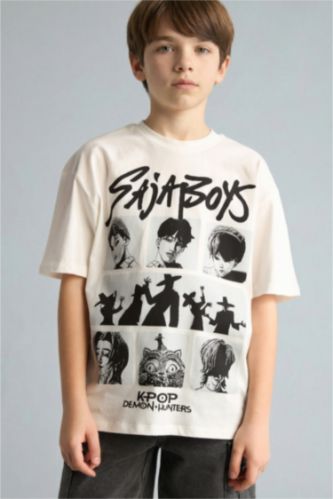Мальчики и подростки Бежевый Футболка оверсайз Kpop - Demon Hunters с круглым вырезом принтом на спине и коротким рукавом для мальчиков