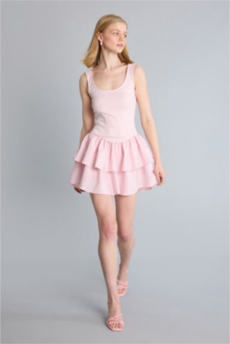 Kadın Pembe U Yaka Askılı Mini Elbise