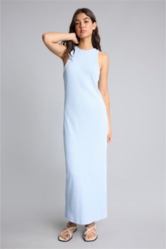 Kadın Açık Mavi Bodycon Kolsuz Ribana Maxi Elbise