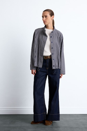 Woman Blue Black Short Wide Leg Trousers