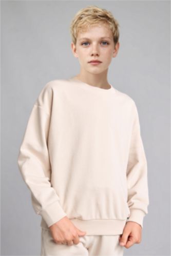 Erkek Çocuk - Genç Erkek Bej Oversize Bisiklet Yaka Sweatshirt Erkek Çocuk