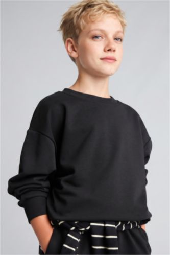 Erkek Çocuk - Genç Erkek Siyah Oversize Bisiklet Yaka Sweatshirt Erkek Çocuk