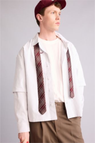 Erkek Ekru Boxy Fıt Baskılı Uzun Kollu Gömlek