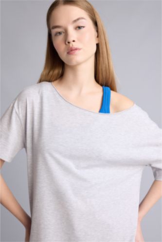 حريمي ميلانج رمادي تيشيرت اوفر سايز نص كم