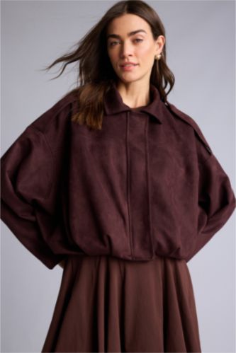 Kadın Kahve Gömlek Yaka Astarlı Süet Mont