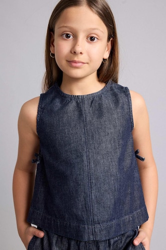 Young Girls - Teen Girls Dark Blue Girl Crew Neck Sleeveless Denim Blouse