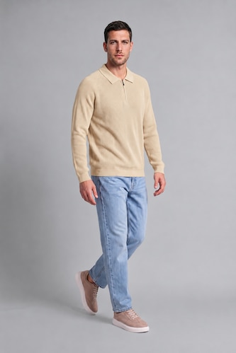 Man Light Beige Standard Fit Half Zip Knit Polo Neck Pullover