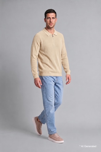 HOMME Beige Clair Pull polo en tricot à manches longues avec demi-fermeture éclair Coupe standard