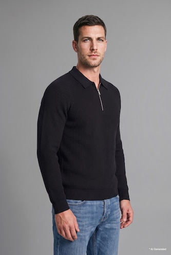 HOMME Noir Pull polo en tricot à manches longues avec demi-fermeture éclair Coupe standard