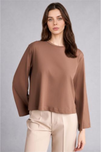 Kadın Kahve Relaxed Fit Uzun Kollu Penye Tunik