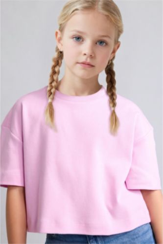 Kız Çocuk - Genç Kız Pembe Oversize Bisiklet Yaka Tişört Kız Çocuk