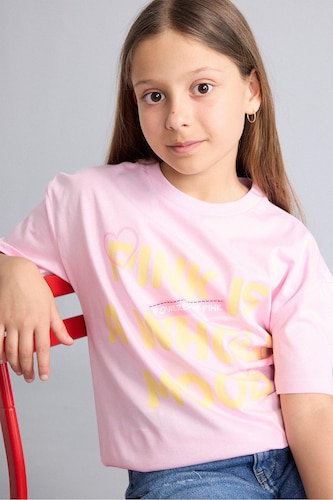 Young Girls - Teen Girls Pink Girl Printed Crew Neck Short Sleeve T-Shirt