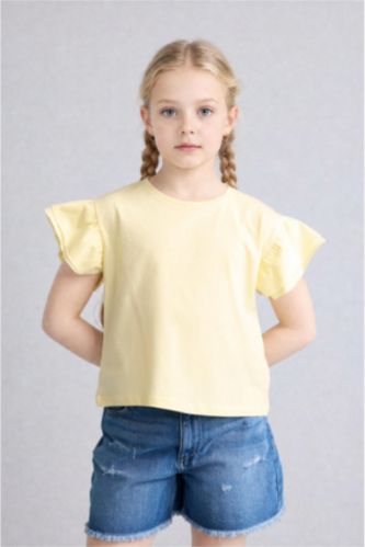 Girls & Teens Light Yellow Girl Regular Fit Crew Neck Cotton Short Sleeve T-Shirt