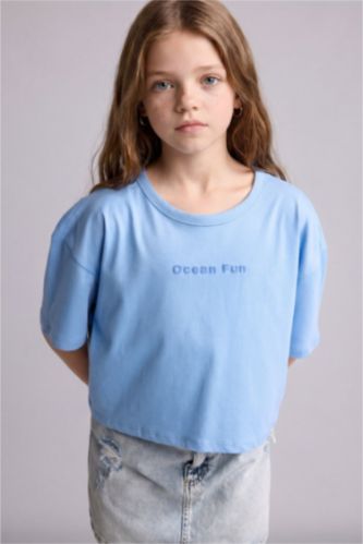 بنات أزرق Girl Crew Neck Printed Short Sleeve T-Shirt