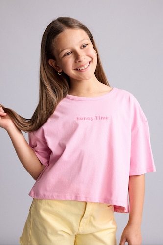 Young Girls - Teen Girls Pink Girl Crew Neck Printed Short Sleeve T-Shirt