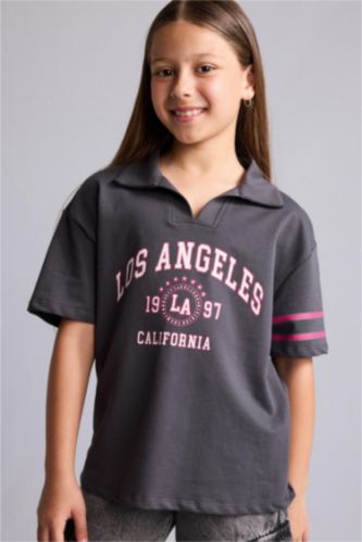 GIRLS & TEENS Anthracite Girl V-Neck Printed Short Sleeve Anthracite T-Shirt