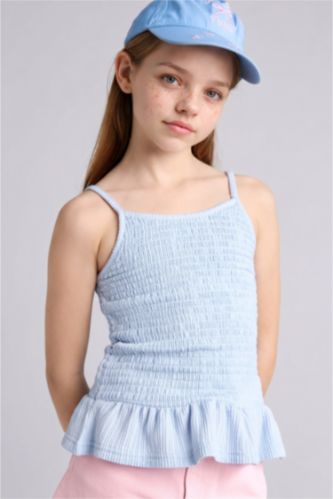 GIRLS & TEENS Light Blue Girl Crew Neck Wrinkled Textured Top