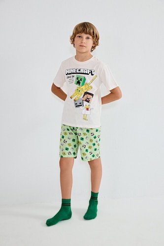 Young Boys - Teen Boys Ecru Boy 100% Cotton Minecraft Regular Fit 2 Piece Pyjama Set