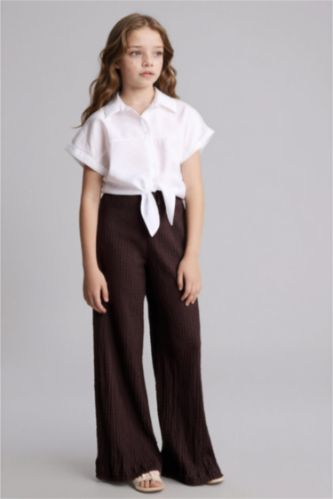 بنات بني بنطلون بناتي وايد ليج برجل واسع قماش كرنكيل