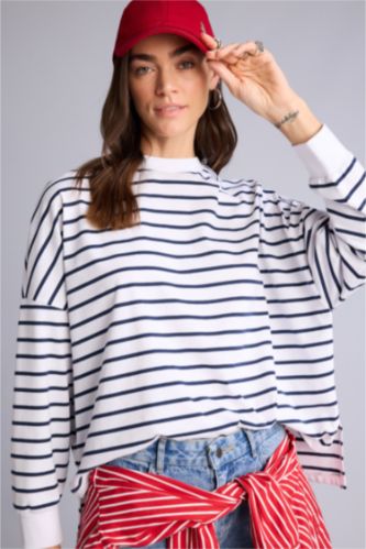 Kadın Kırık Beyaz Oversıze Pamuklu Çizgili Tişört