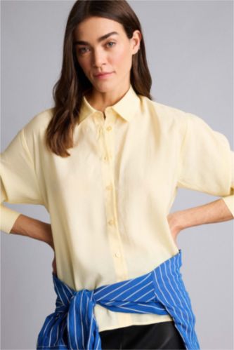 Kadın Açık Sarı Overshırt Fıt Gömlek Yaka Modal Uzun Kollu Gömlek