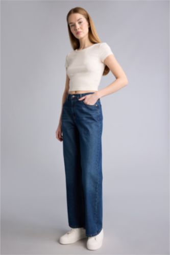 حريمي أزرق بنطلون جينز وايد ليج برجل واسع وخصر عالي