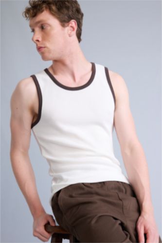 Men Ecru Regular Fit Crew Neck Short Sleeve Tank Top