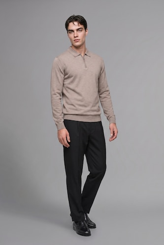 Erkek Taş Fermuarlı Polo Yaka Basic Kazak