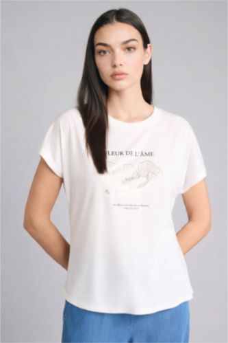 Kadın Ekru Regular Fit Kısa kollu Çiçek Desenli Tişört