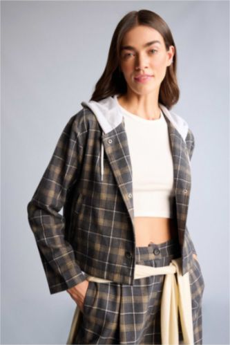 Kadın Antrasit Kapüşonlu Kareli Ceket