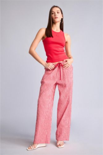 Women Red Elastic Band Wide Leg Trousers