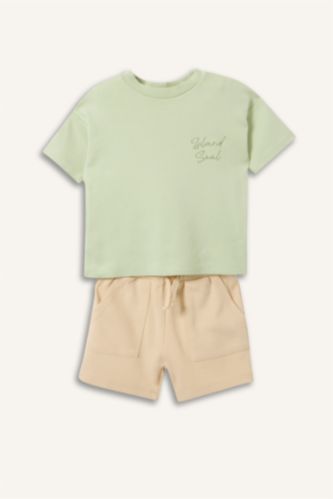 Baby Boys Mint 2 piece Regular Fit Crew Neck Embroidered Set