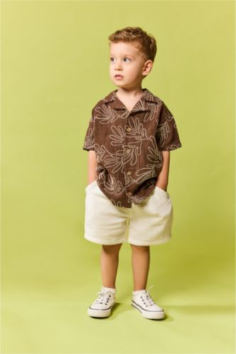 Baby Boys Light Brown 2 piece Regular Fit Apache Neck Embroidered Set