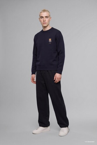 Erkek Lacivert Relaxed Fit Ayıcık Nakışlı Kazak