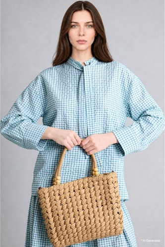 Woman Mint Regular Fit Crinkle Fabric Plaid Long Sleeve Tunic