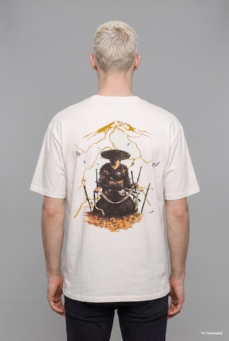 رجال بيج فاتح Boxy Fit 100% Cotton Sony Ghost of Yotei Printed Crew Neck Short Sleeve T-Shirt