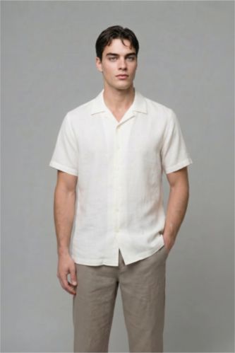 رجالي أبيض Modern Fit Linen Blended Short Sleeve Shirt