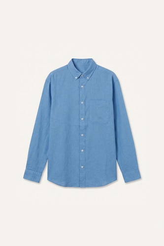 Regular Fit Blue Linen Blend Long Sleeve Shirt