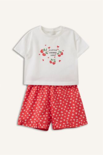 Kız Bebek Ekru 2'Li Baskılı Şort Tişört Takım Kız Bebek
