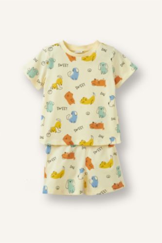 Baby Boys Light Yellow 2 piece Regular Fit Animal Print Knitted Pyjamas