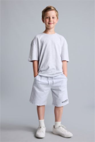 Erkek Çocuk - Genç Erkek Optik Gri Melanj Oversize Baskılı Şort Erkek Çocuk