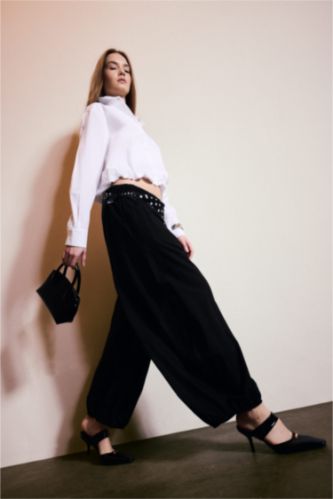 WOMAN Black Balloon Fit Regular Hem With Pockets Voile Trousers