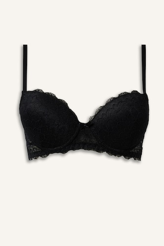 Kadın Siyah Dantel Kaplı Push Up Bra