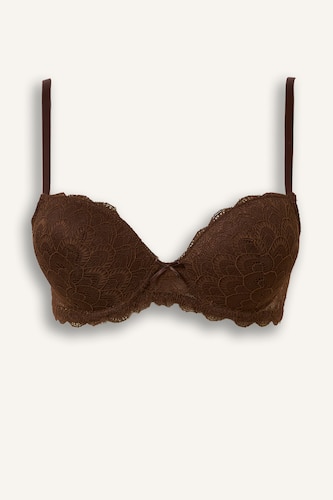 Kadın Kahve Dantel Kaplı Push Up Bra