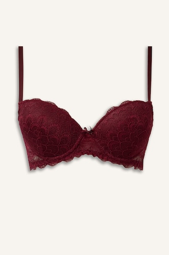 Kadın Bordo Dantel Kaplı Push Up Bra