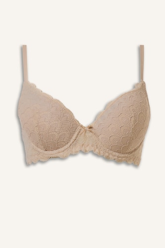 Kadın Bej Dantelli Micro Pedsiz Balenli Bra